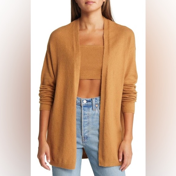 Open Edit Sweaters - Open Edit  2-in-1-set Wool BANDEAU TOP & CARDIGAN SET IN TAN DALE